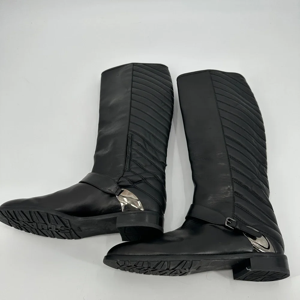 Stuart Weitzman Black Leather Knee High‎ Boots Raceway Quilted Side Buckle 6.5 M